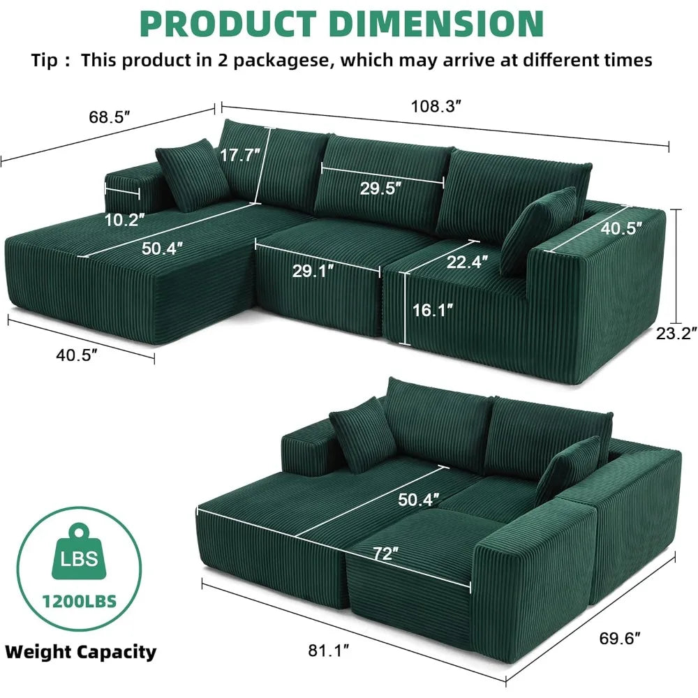 108” Modular Sectional Sofa, Cloud Sectional Couch with Deep Seat, Modern Modular L-Shape Sofa Couch with Chaise,Upholstered Cou