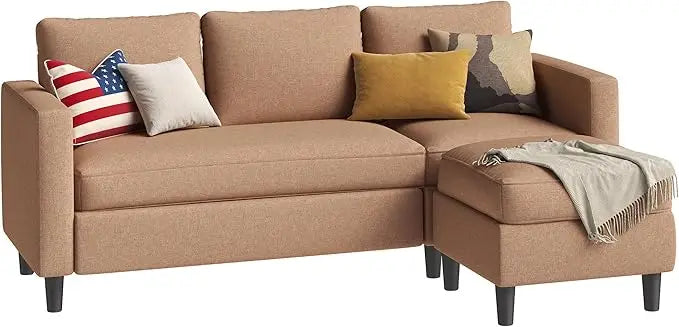 Small Sectional Couch Sofas, 3 Seat L Shape Sofa with Ottoman, Fabric Upholstered Convertible Sofa Couches, Small Couch