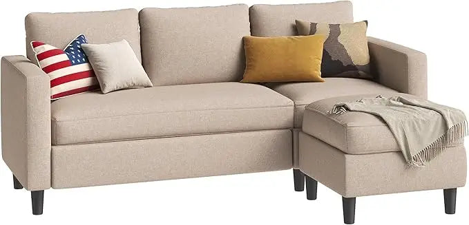 Small Sectional Couch Sofas, 3 Seat L Shape Sofa with Ottoman, Fabric Upholstered Convertible Sofa Couches, Small Couch