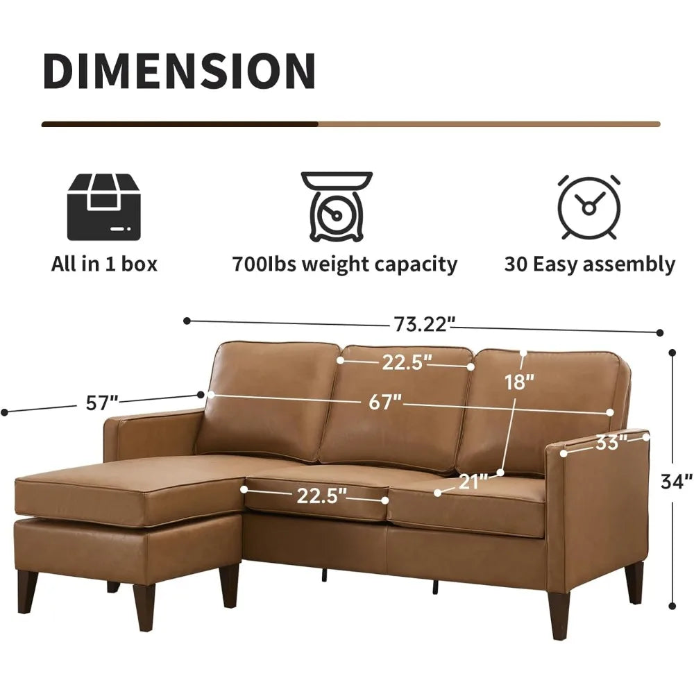 Faux Leather L Shaped Couch with Solid Wood Feet, 3-Seater Sofa with Reversible Chaise for Apartment Small Spaces, Sectional Couch