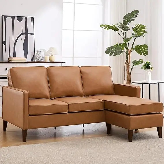 Faux Leather L Shaped Couch with Solid Wood Feet, 3-Seater Sofa with Reversible Chaise for Apartment Small Spaces, Sectional Couch