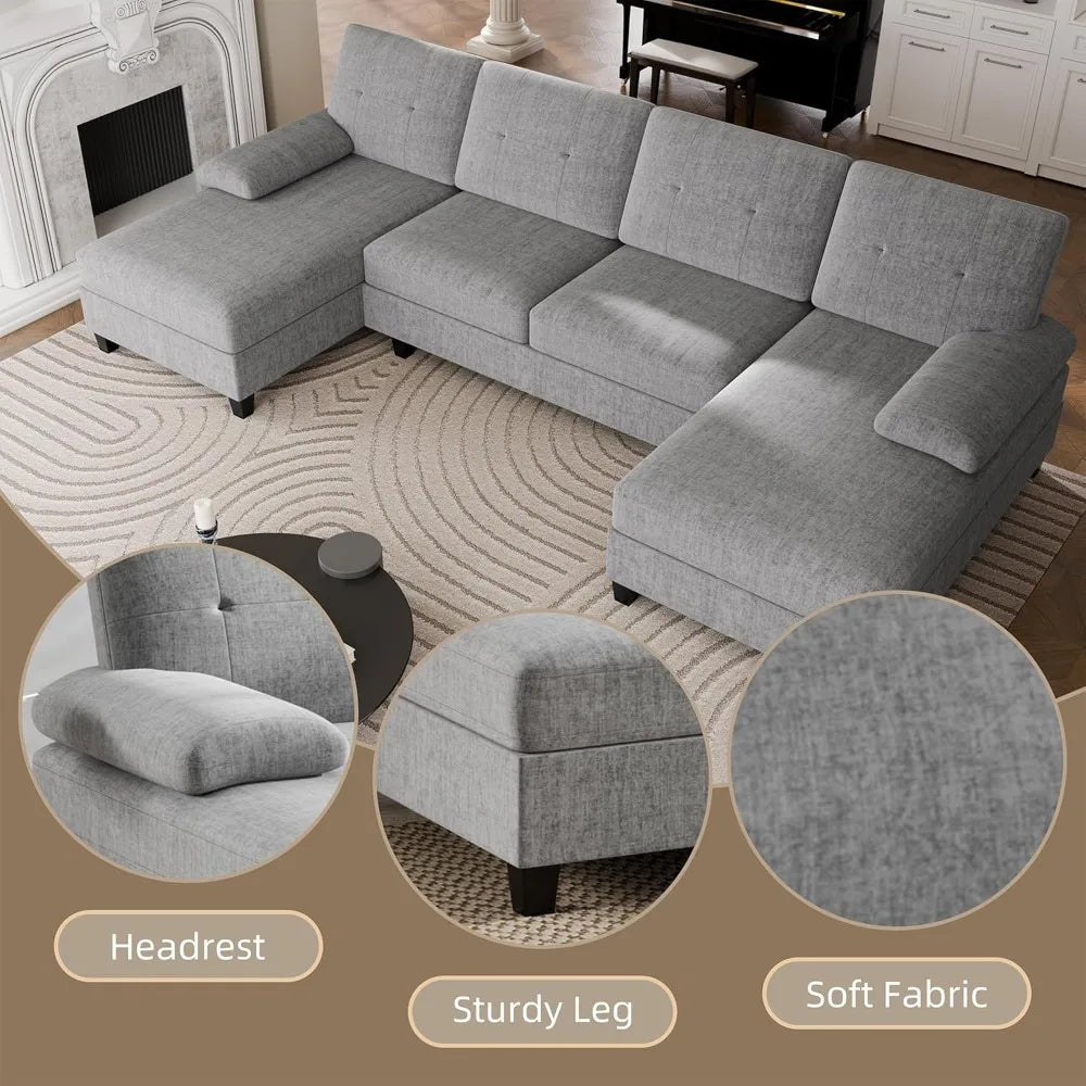 Nutually Sectional Couches for Living Room, Convertible U-Shaped Sofa Couch with Double Chaise, 4 Seat Sofa Set Modular Sofa Couch