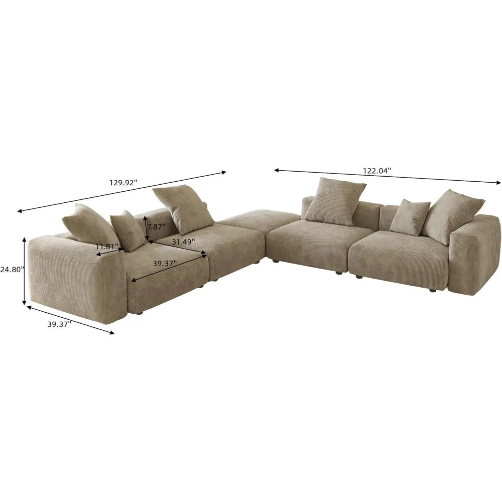 Oversized Modular Sectional Sofa with Ottomans,5 Seater Corduroy V Shaped Reversible Corner Couch,141.73" Convertible Sofa & Couch