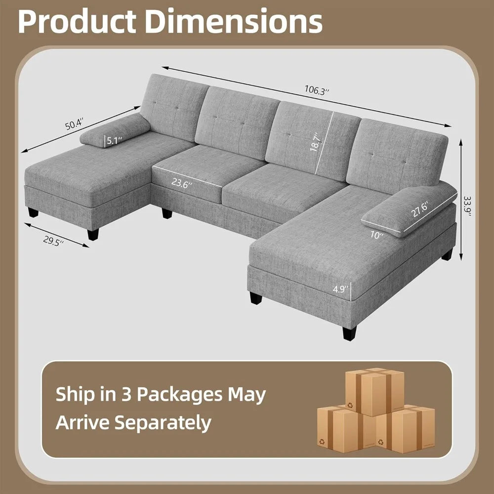 Nutually Sectional Couches for Living Room, Convertible U-Shaped Sofa Couch with Double Chaise, 4 Seat Sofa Set Modular Sofa Couch