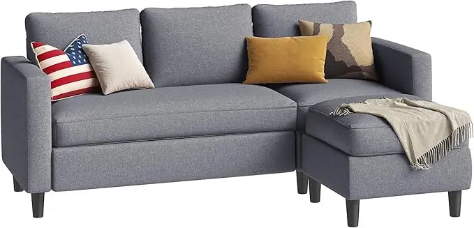 Small Sectional Couch Sofas, 3 Seat L Shape Sofa with Ottoman, Fabric Upholstered Convertible Sofa Couches, Small Couch