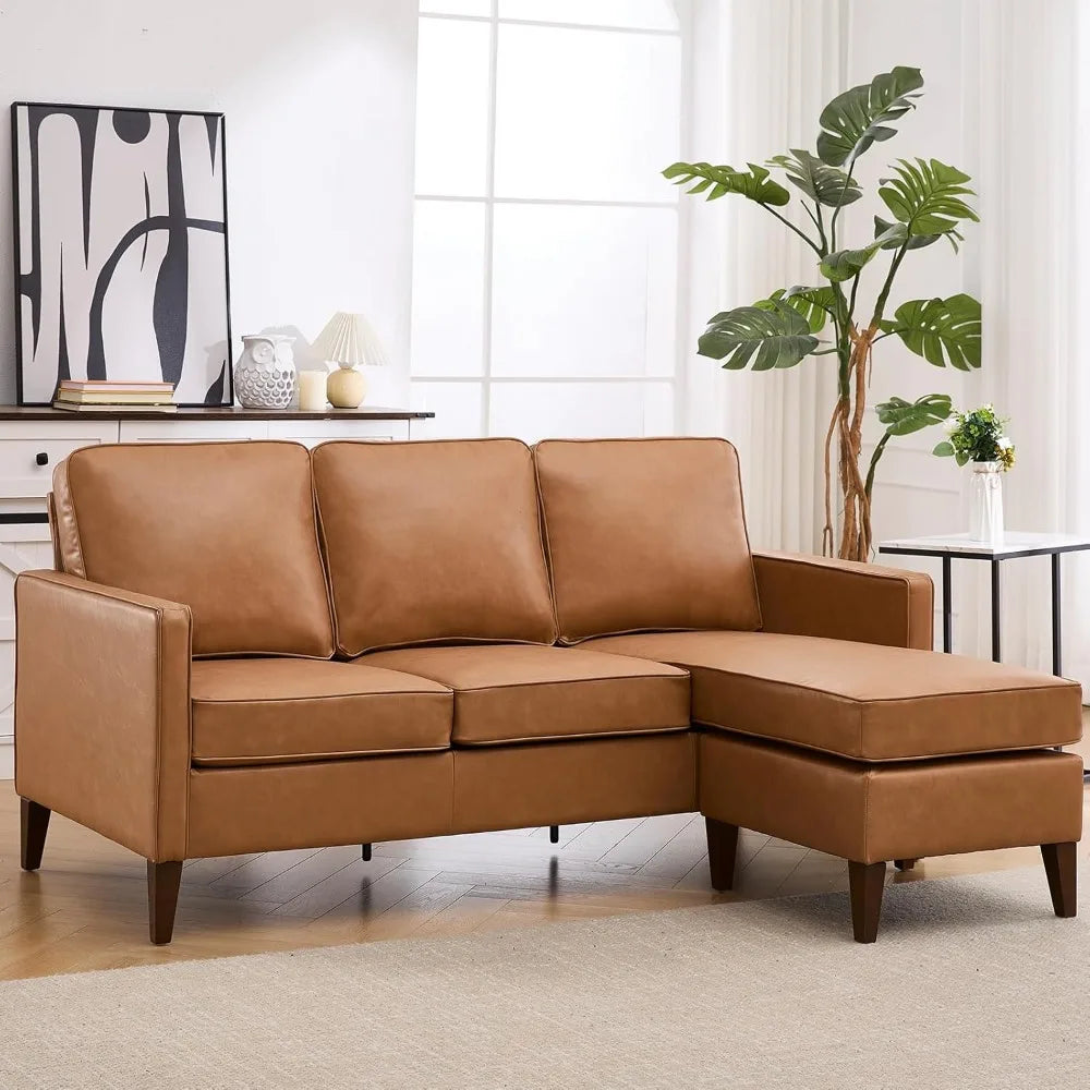 Faux Leather L Shaped Couch with Solid Wood Feet, 3-Seater Sofa with Reversible Chaise for Apartment Small Spaces, Sectional Couch