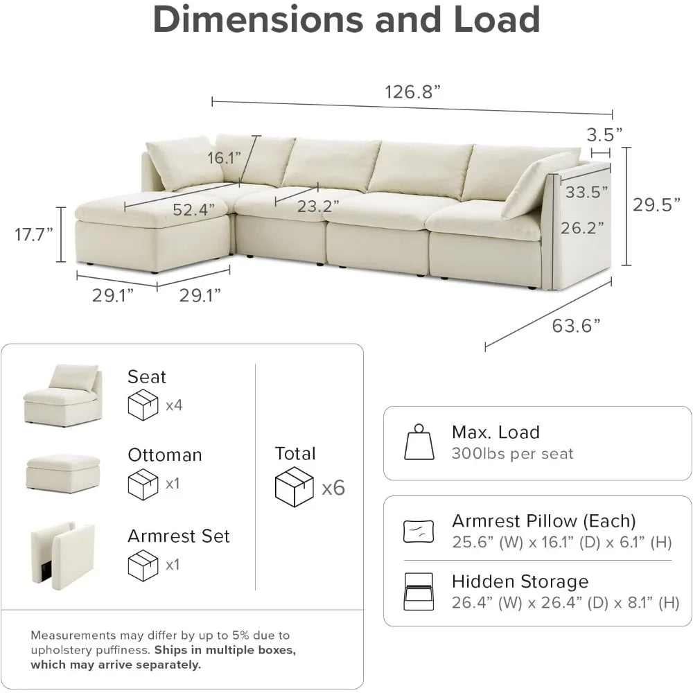 Oversized Modular Sectional Sofa with Fully Removable Covers and Storage, Convertible U & L Shaped Sectionals, Modern Cloud Couch