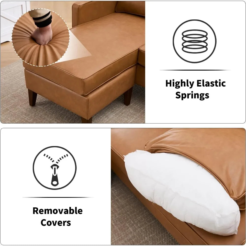 Faux Leather L Shaped Couch with Solid Wood Feet, 3-Seater Sofa with Reversible Chaise for Apartment Small Spaces, Sectional Couch