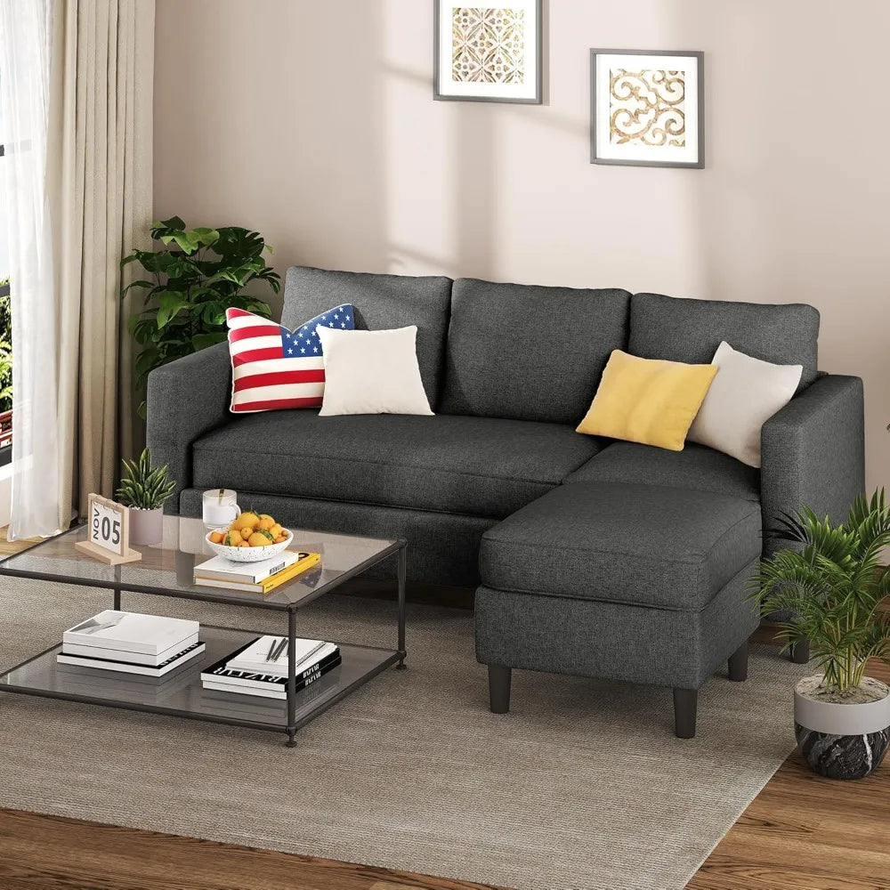 Small Sectional Couch Sofas, 3 Seat L Shape Sofa with Ottoman, Fabric Upholstered Convertible Sofa Couches, Small Couch