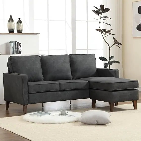 Faux Leather L Shaped Couch with Solid Wood Feet, 3-Seater Sofa with Reversible Chaise for Apartment Small Spaces, Sectional Couch