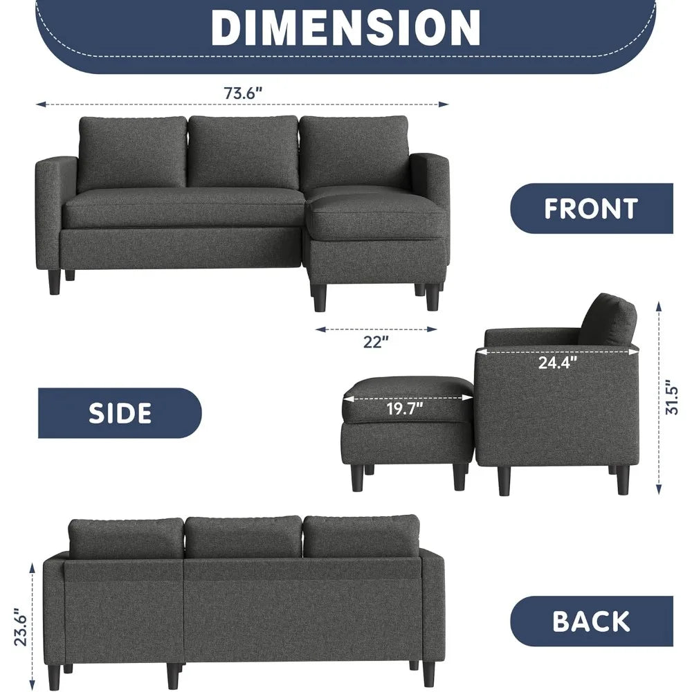 Small Sectional Couch Sofas, 3 Seat L Shape Sofa with Ottoman, Fabric Upholstered Convertible Sofa Couches, Small Couch