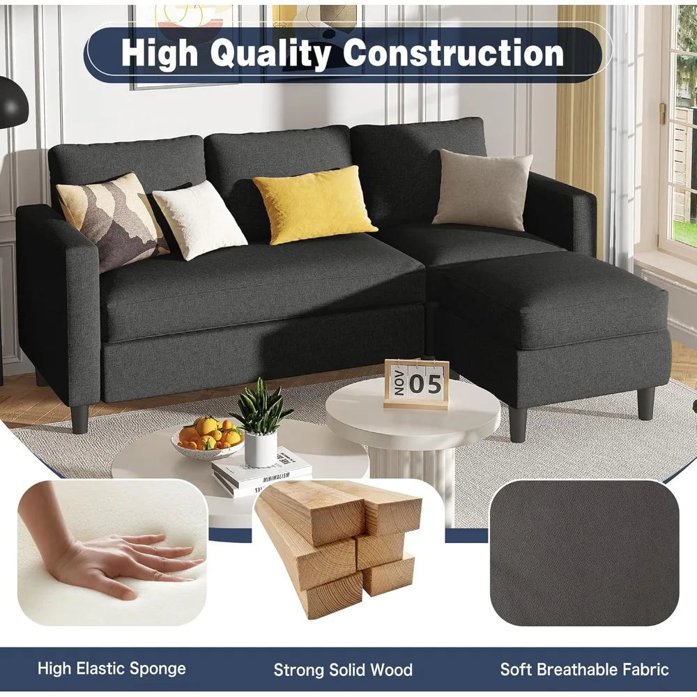 Small Sectional Couch Sofas, 3 Seat L Shape Sofa with Ottoman, Fabric Upholstered Convertible Sofa Couches, Small Couch