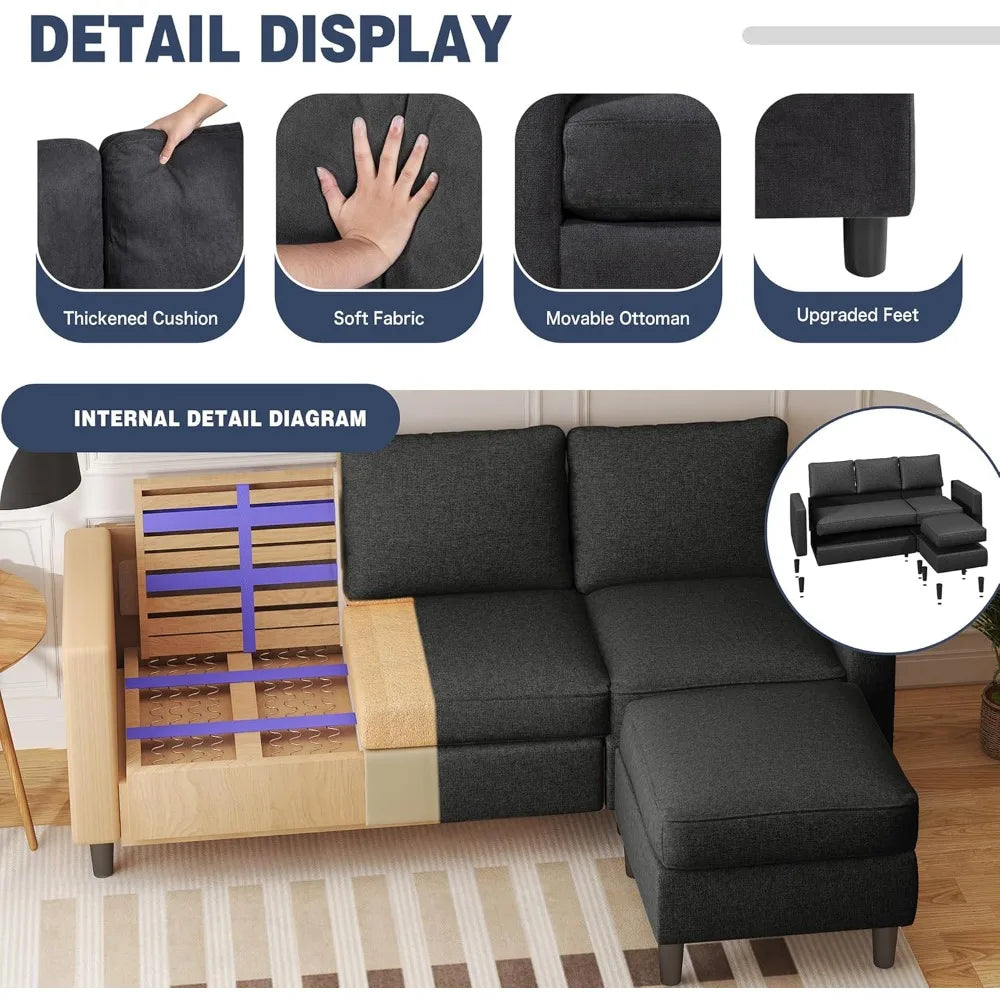 Small Sectional Couch Sofas, 3 Seat L Shape Sofa with Ottoman, Fabric Upholstered Convertible Sofa Couches, Small Couch