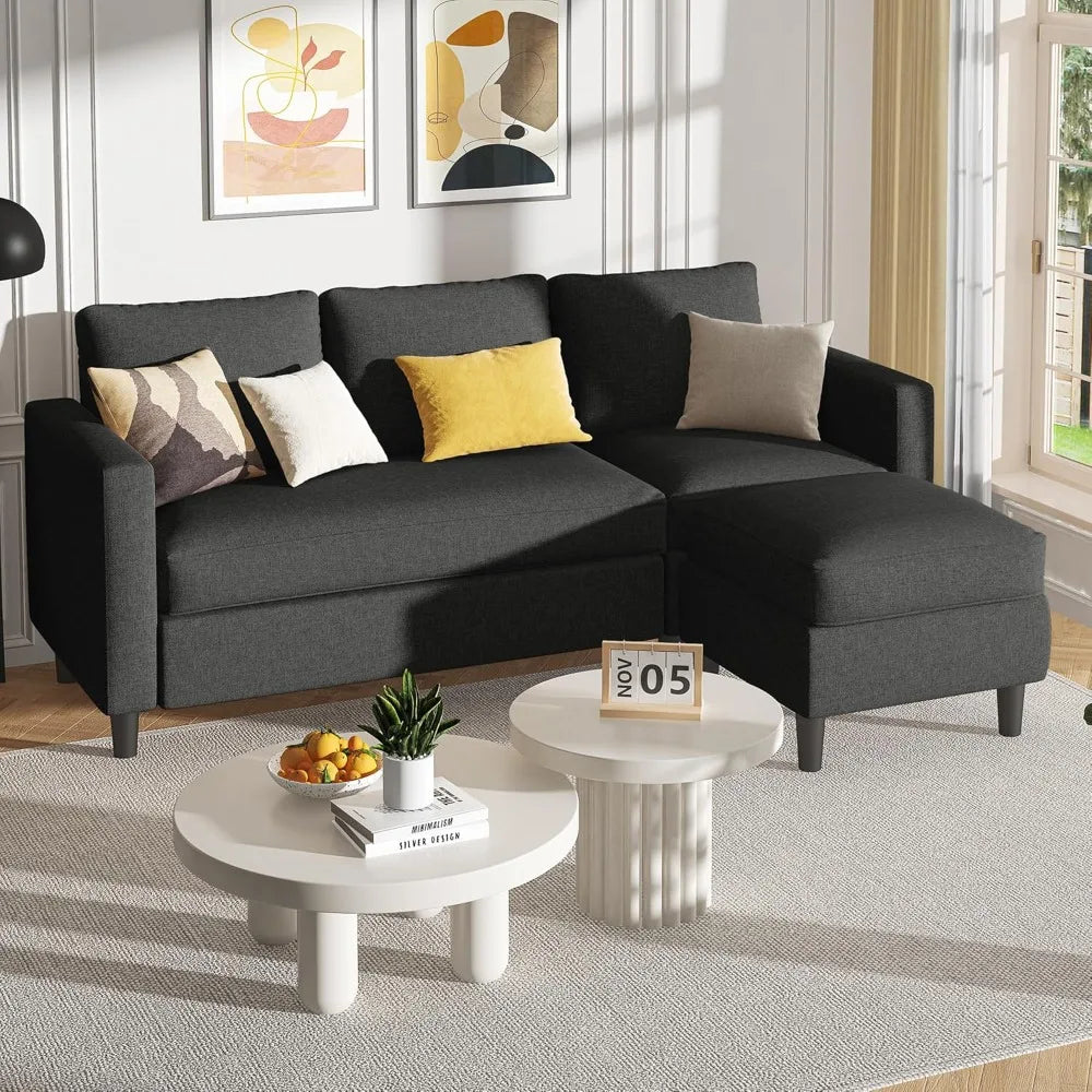 Small Sectional Couch Sofas, 3 Seat L Shape Sofa with Ottoman, Fabric Upholstered Convertible Sofa Couches, Small Couch