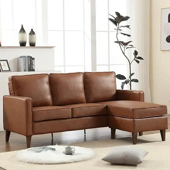 Faux Leather L Shaped Couch with Solid Wood Feet, 3-Seater Sofa with Reversible Chaise for Apartment Small Spaces, Sectional Couch