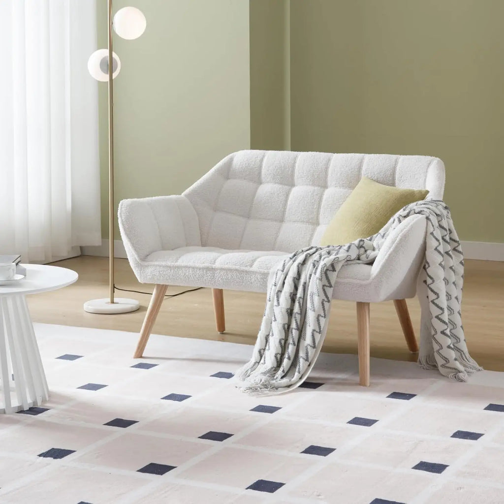48"" Small Loveseat Sofa, Modern Sherpa Mini Sofa Couch 2-Seater Fluffy Love Seat With Quilting Backs And Wood Legs For Living