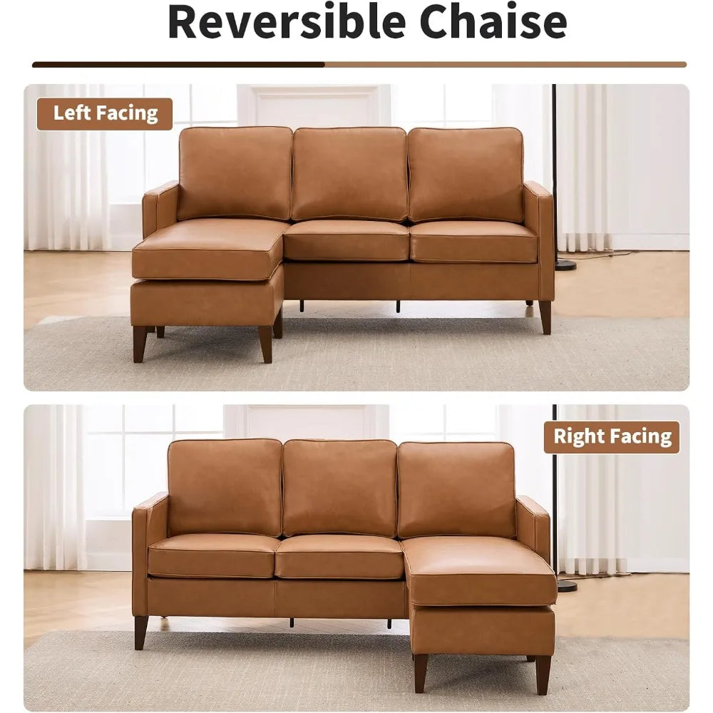 Faux Leather L Shaped Couch with Solid Wood Feet, 3-Seater Sofa with Reversible Chaise for Apartment Small Spaces, Sectional Couch