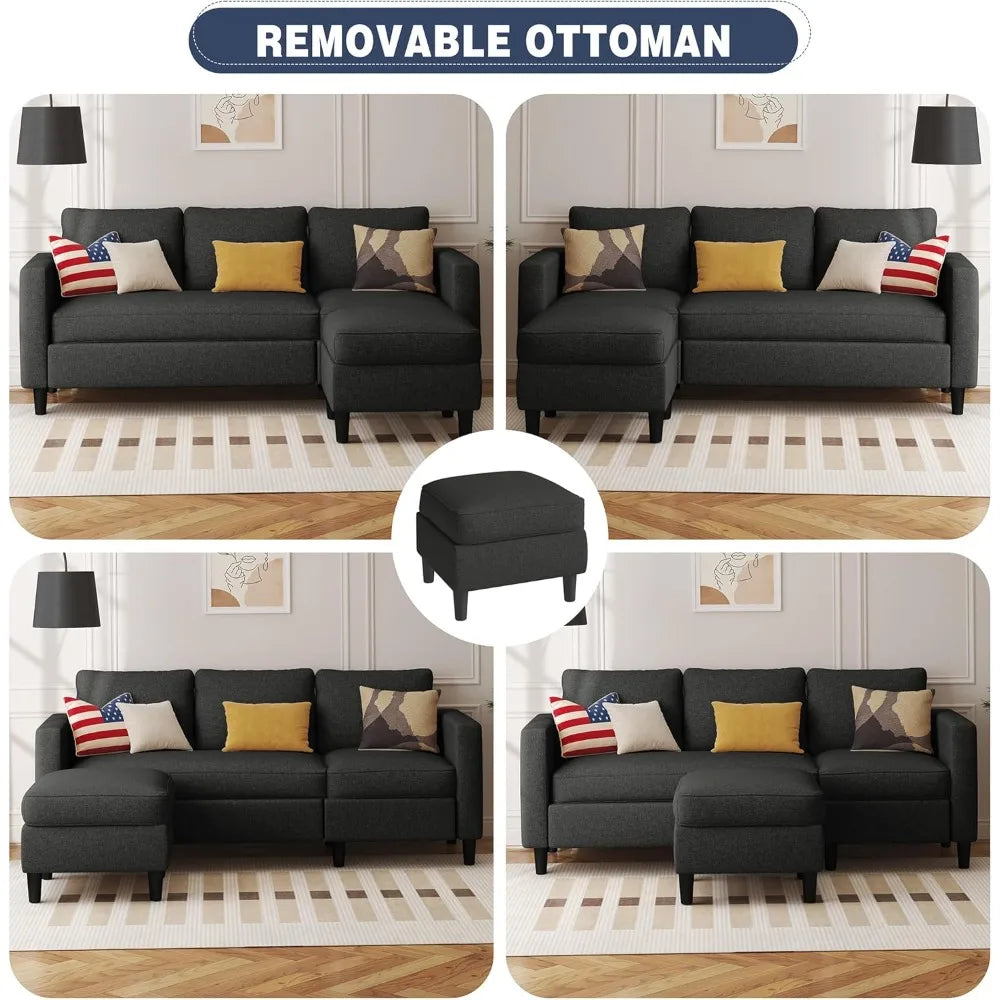 Small Sectional Couch Sofas, 3 Seat L Shape Sofa with Ottoman, Fabric Upholstered Convertible Sofa Couches, Small Couch