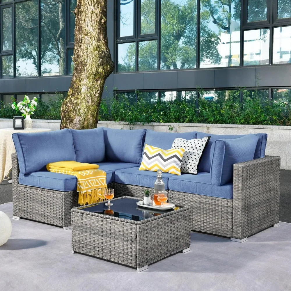 Outdoor 5 Piece Coversation Set with Coffee Table,Sectional Patio Furniture Set with All-Weather Wicker Sofa,Modern Outside Couch