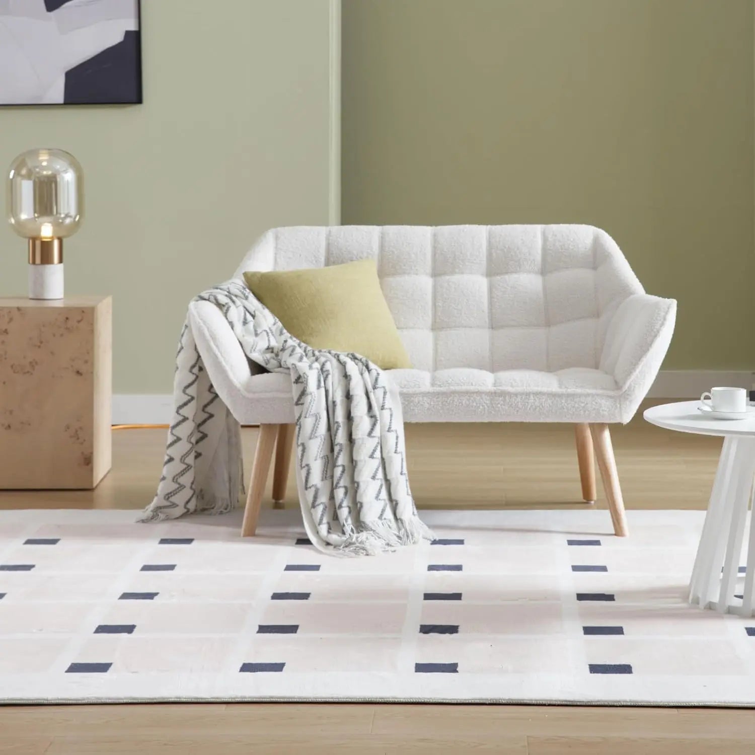 48"" Small Loveseat Sofa, Modern Sherpa Mini Sofa Couch 2-Seater Fluffy Love Seat With Quilting Backs And Wood Legs For Living
