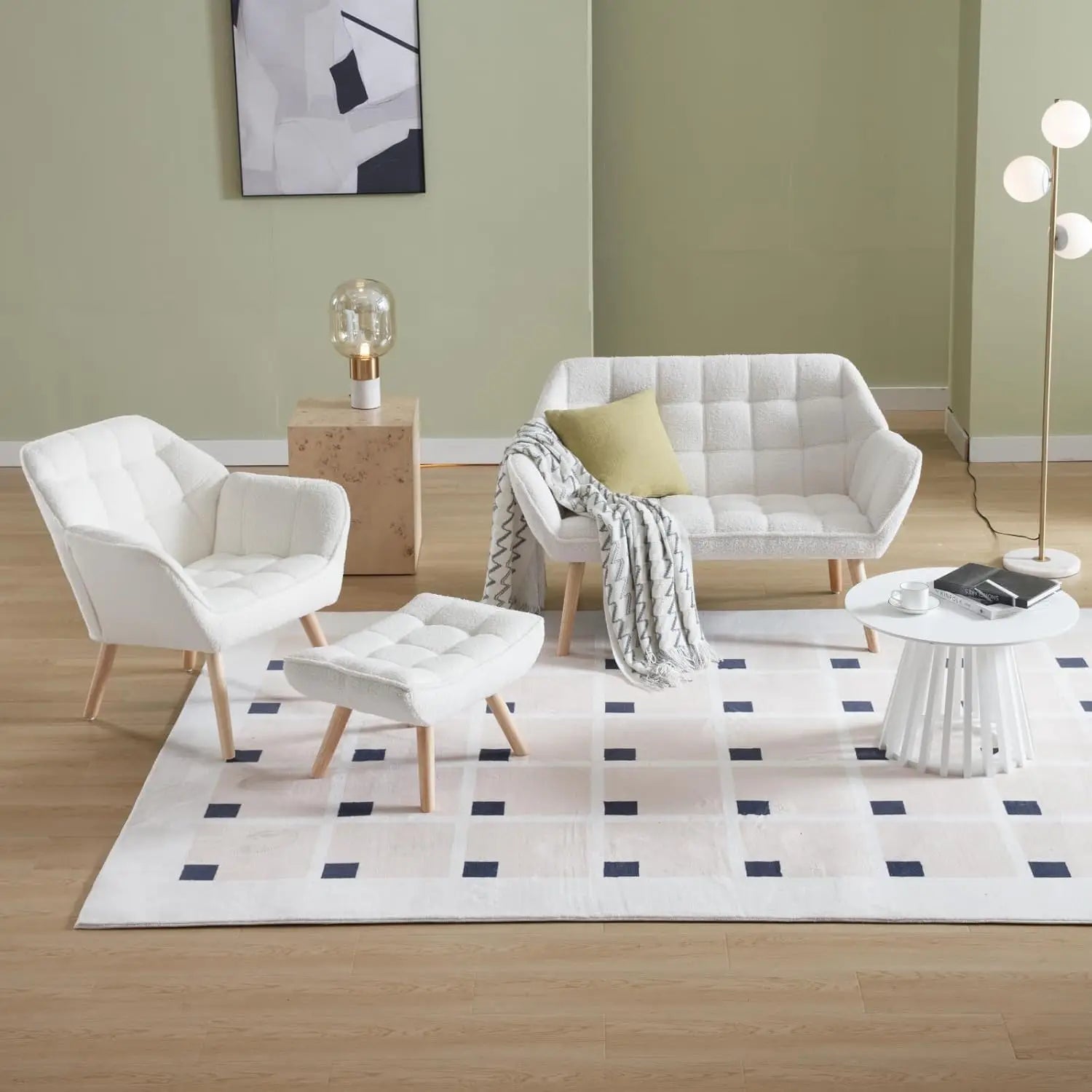 48"" Small Loveseat Sofa, Modern Sherpa Mini Sofa Couch 2-Seater Fluffy Love Seat With Quilting Backs And Wood Legs For Living